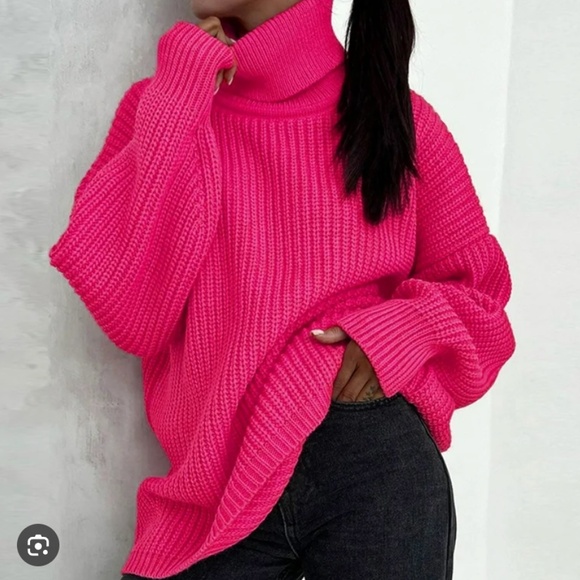 ZARA Knit Oversized Turtle Neck Sweater in Hot Pink - Size S Small - NWT - Picture 1 of 6